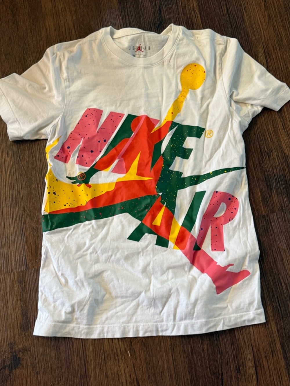 Jordan men’s small s White Tee with Multicolor Nike Air Graphic